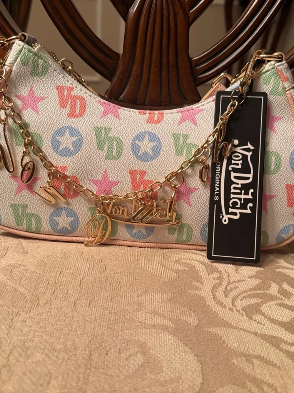 Von Dutch Pastel Logo Charm Shoulder Bag - Pink Trim
